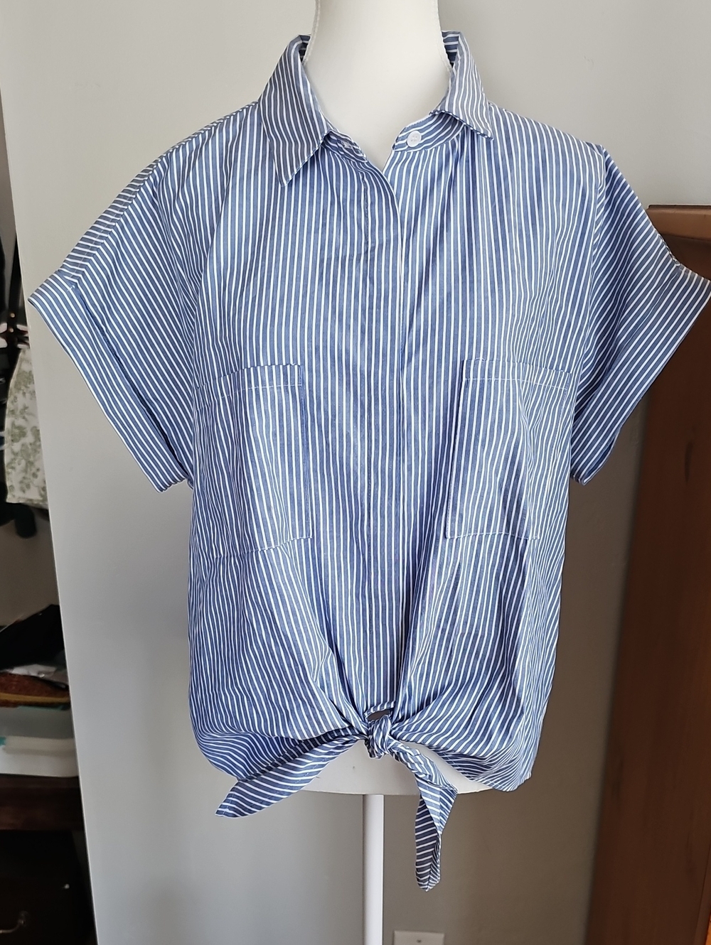Blue & White Stripe Tie-Front Blouse